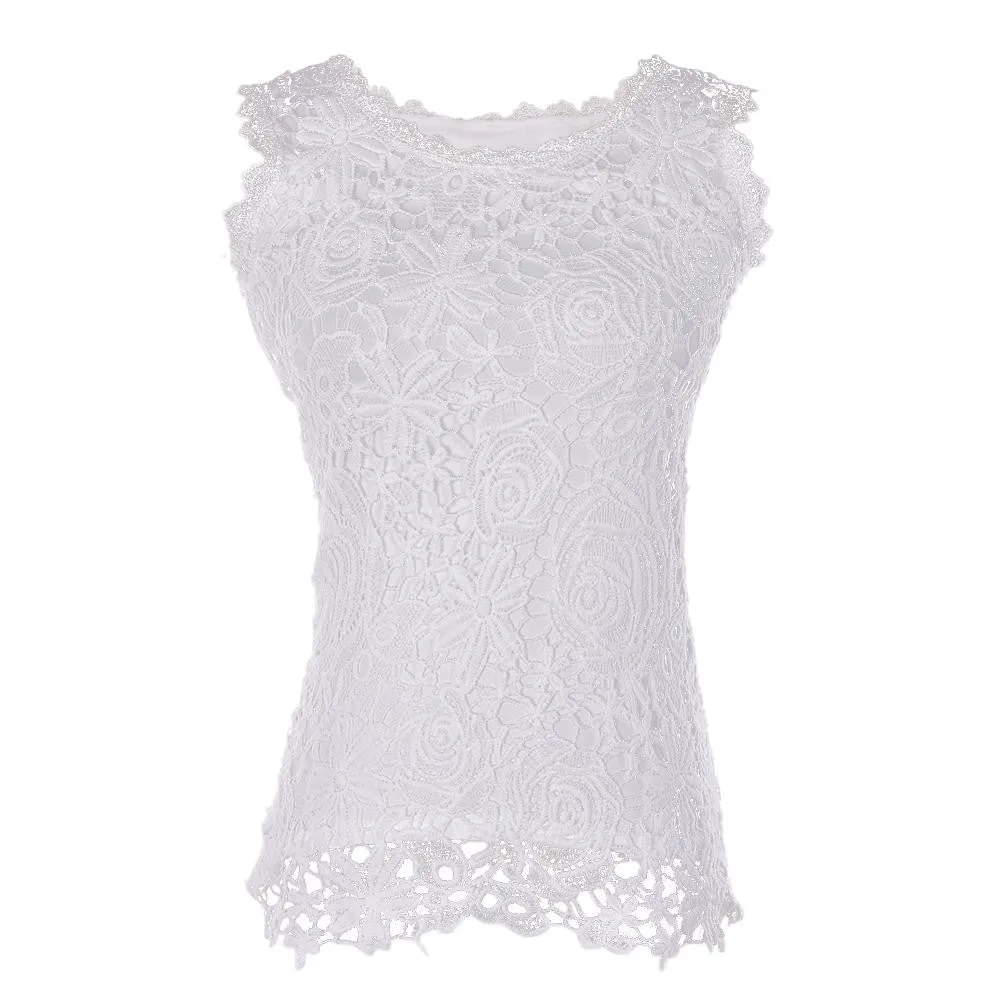 Women Cotton Knitted Lace Sleeveless Tank Tops Plus Size Causal Lace Tops Women Pullovers Black White S-XXL SM6