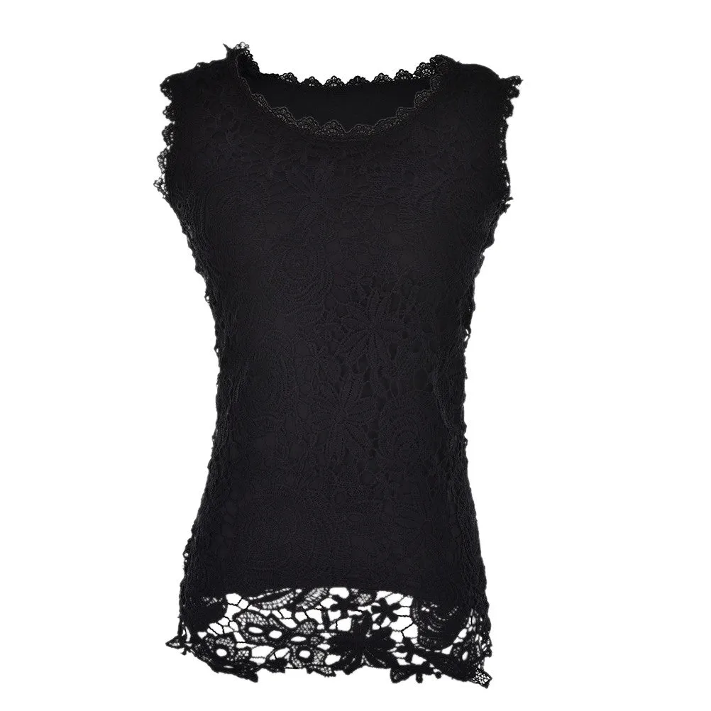 Women Cotton Knitted Lace Sleeveless Tank Tops Plus Size Causal Lace Tops Women Pullovers Black White S-XXL SM6