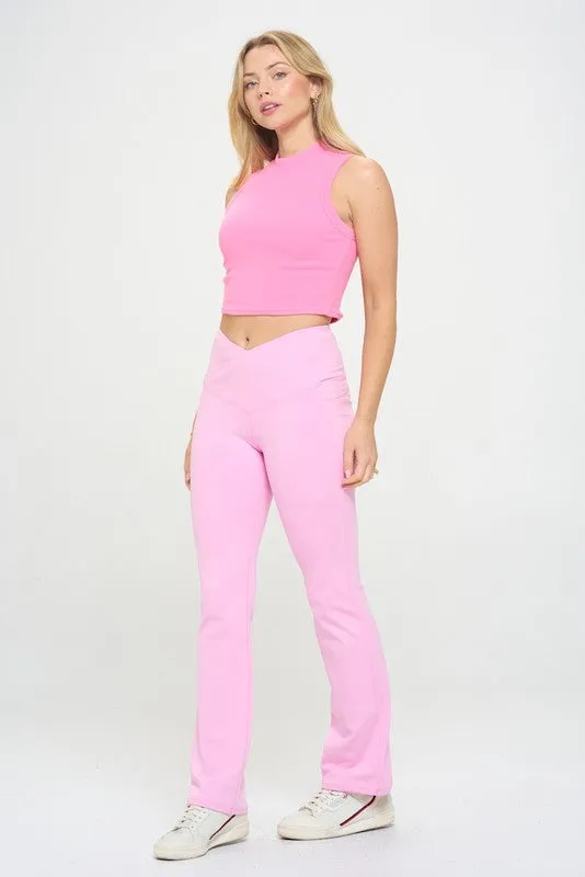 Women Crossover Flare Legging High Waisted Pockets