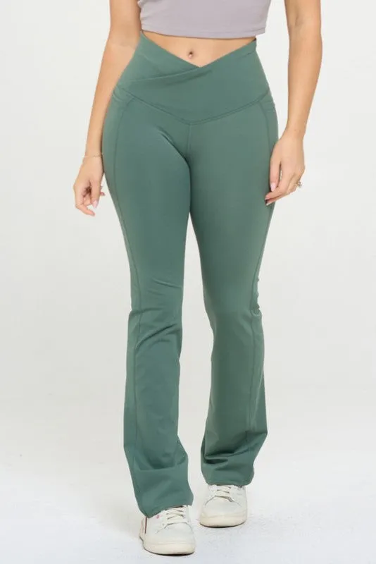 Women Crossover Flare Legging High Waisted Pockets