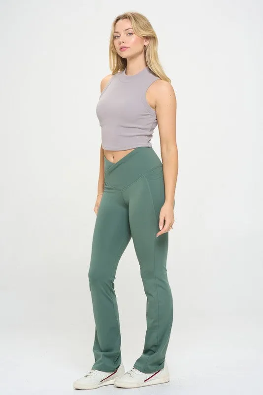 Women Crossover Flare Legging High Waisted Pockets