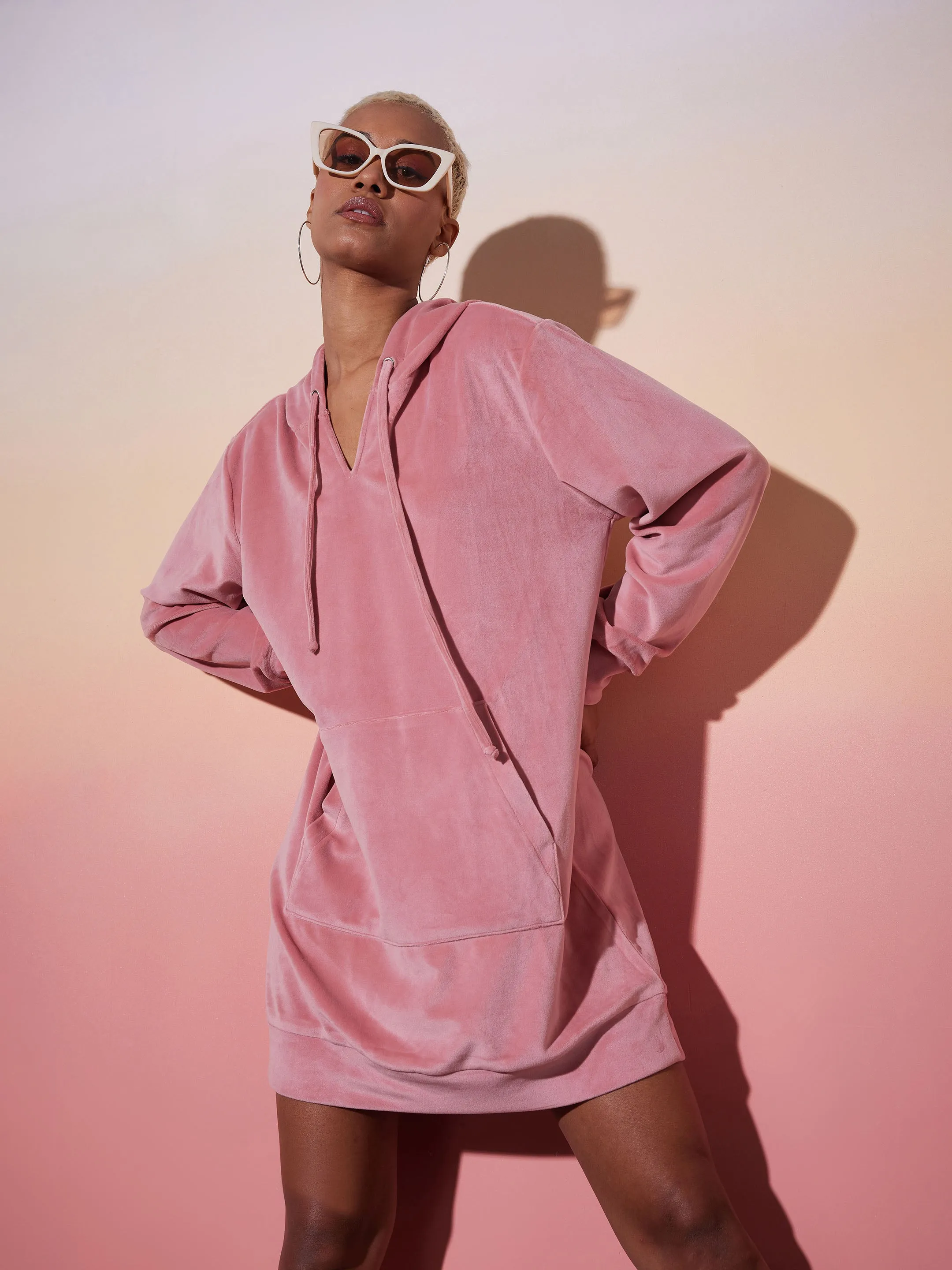 Women Pink Velour Solid Hoodie