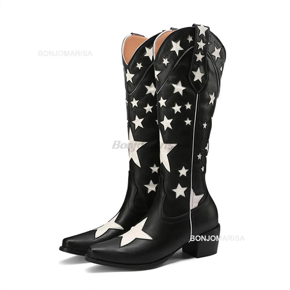 Women Western Boots Embroidered Fashion Chunky Heel Shoes Woman 2022 New Star Design Slip On Cowboy Cowgirl Boots Black Brand