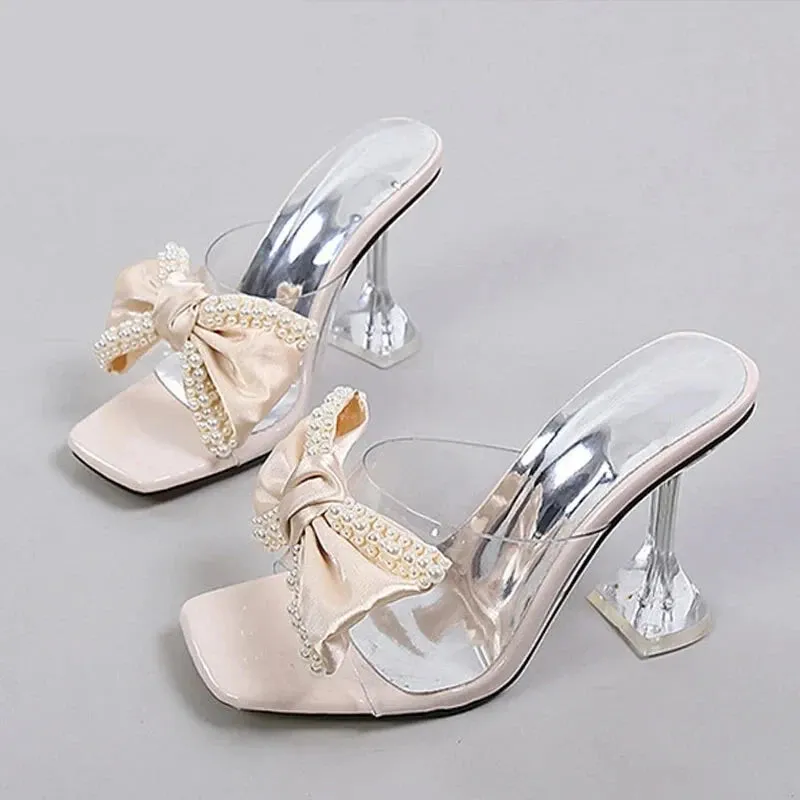 Women's Summer Pearl Butterfly-knot Transparent High Heel Pumps