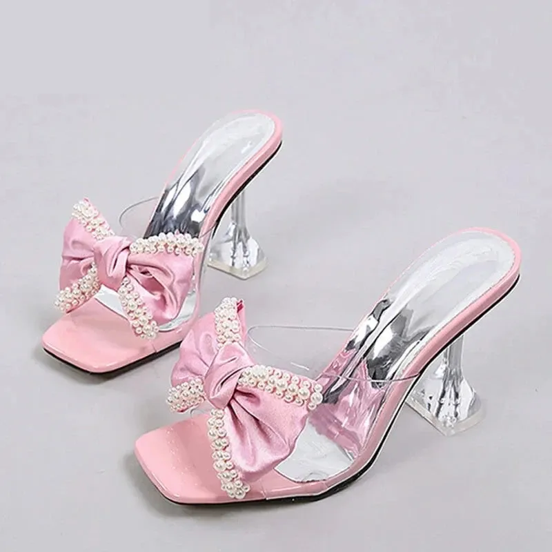 Women's Summer Pearl Butterfly-knot Transparent High Heel Pumps