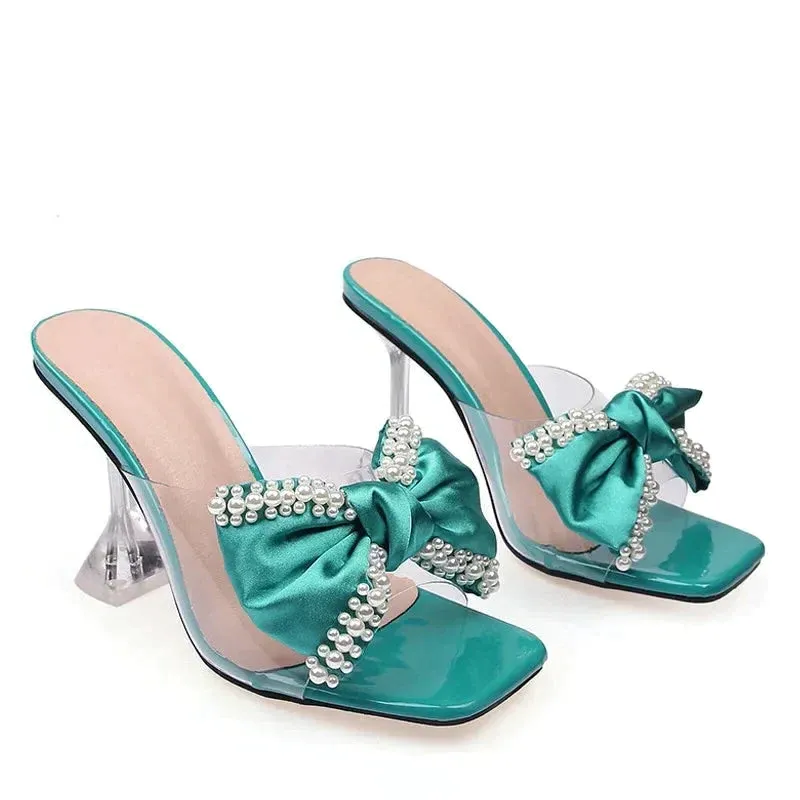 Women's Summer Pearl Butterfly-knot Transparent High Heel Pumps