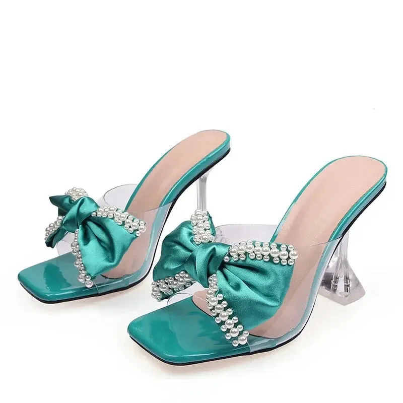 Women's Summer Pearl Butterfly-knot Transparent High Heel Pumps