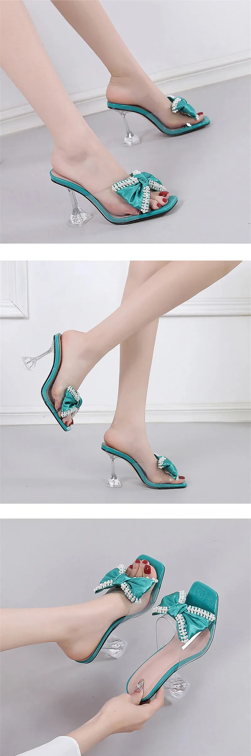 Women's Summer Pearl Butterfly-knot Transparent High Heel Pumps